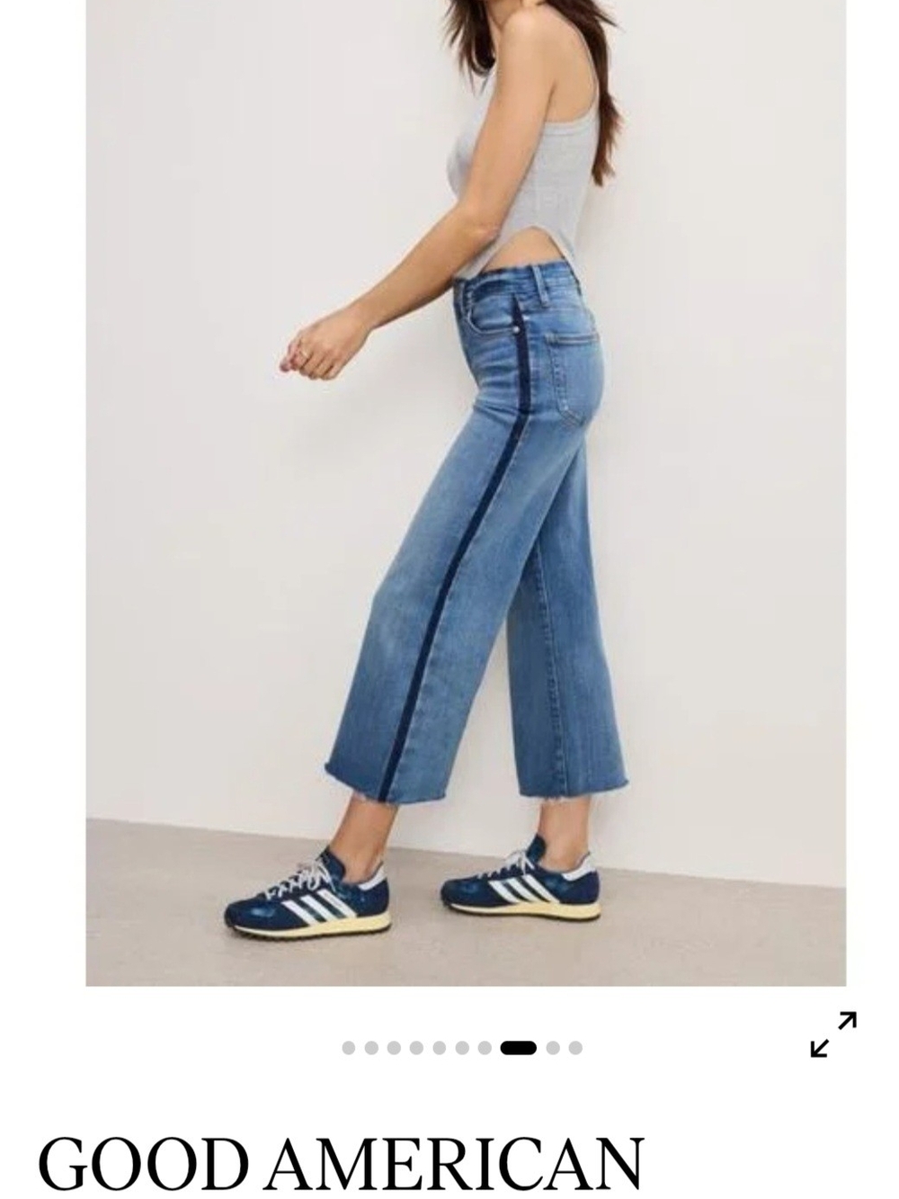 Good American Light Blue Cropped Wide-Leg Jeans with Dark Blue Side Stripe